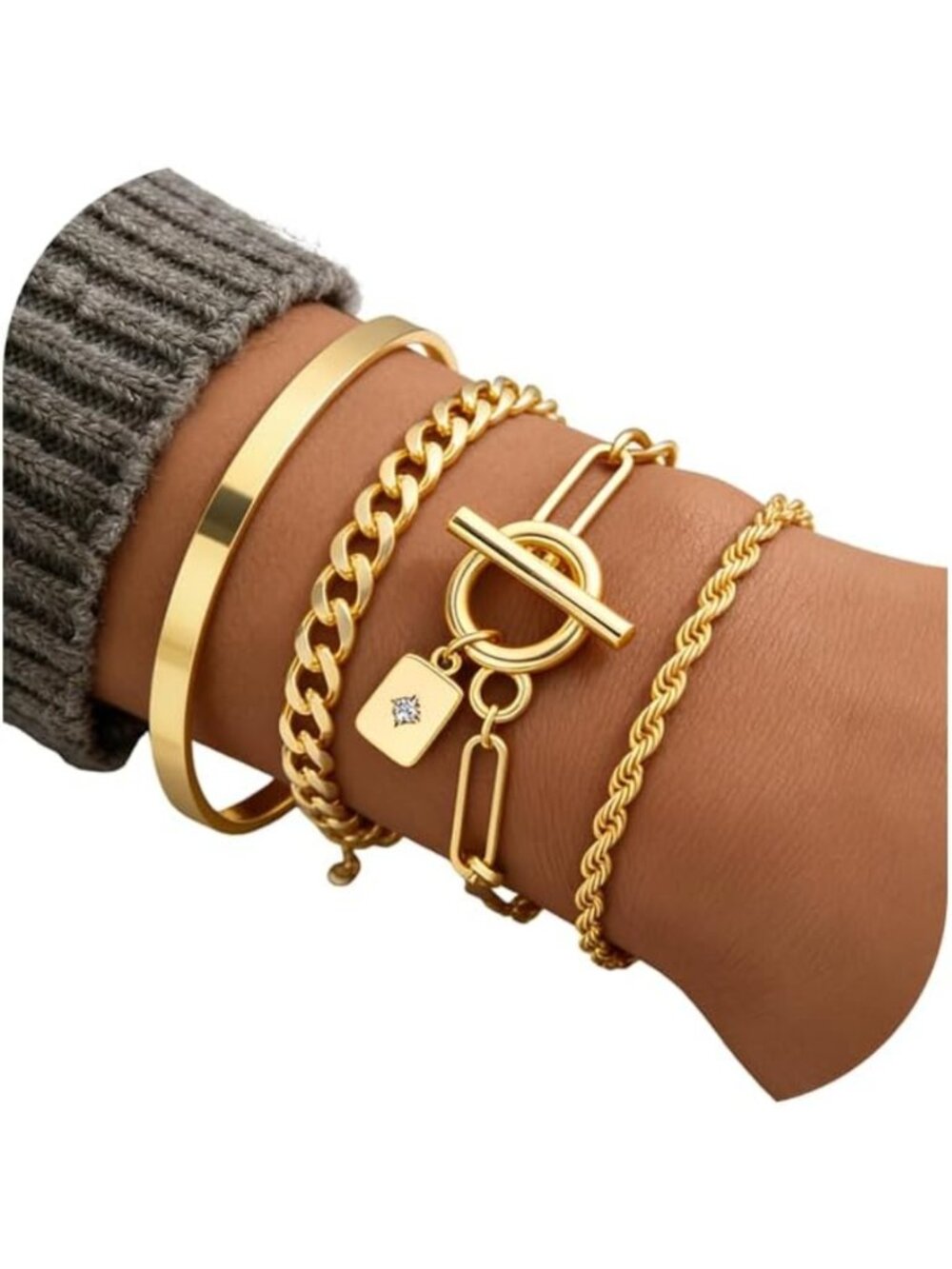 2Pcs Gold Hand Chain Bracelets Set for Women, 14K Plated CZ Link Jewelry